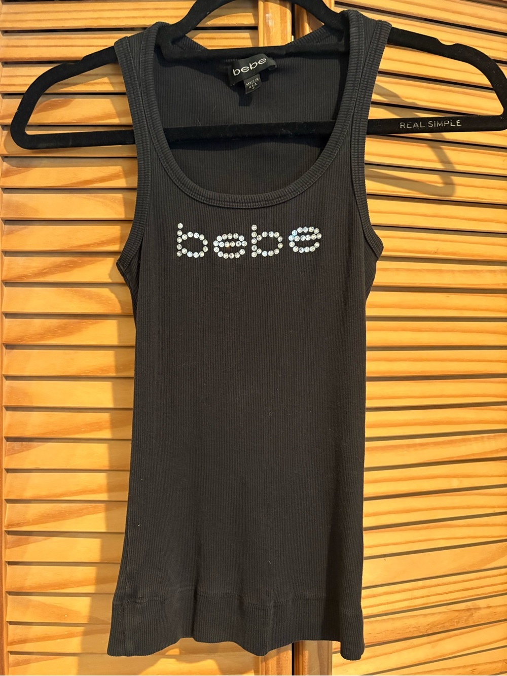 Vintage Bebe Rhinestone Logo Ribbed Tank Top Black Stretchy Y2K McBling Small